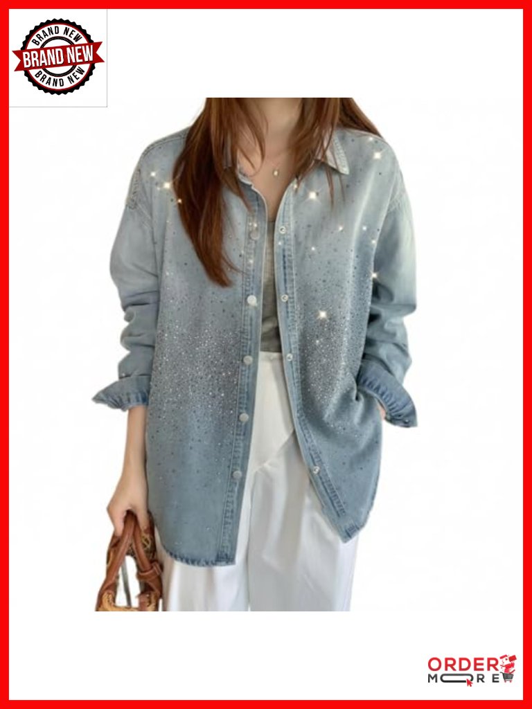 Oversized Rhinestone Button Up Denim Shacket Jacket Blouse Sparkly Shiny Top